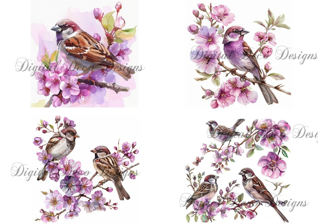 Purple Sparrows Collage Sheet (#G022)-Digital Deco Designs