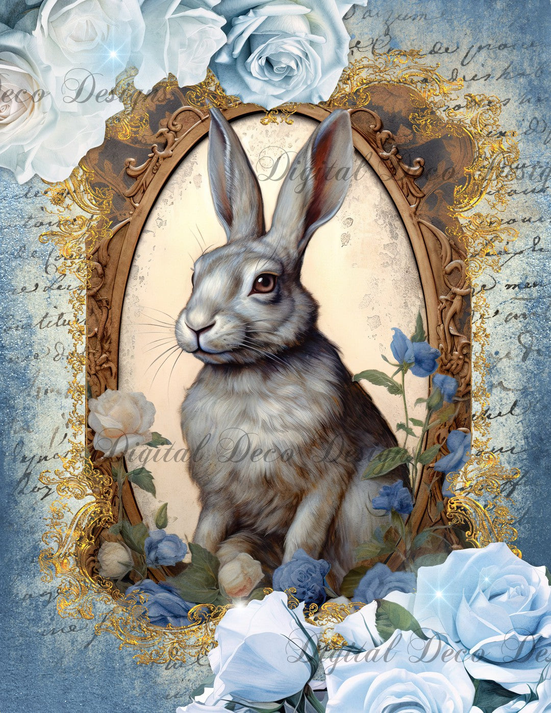 Rabbits in Blue 1 (Print Only) (#D062)-Digital Deco Designs