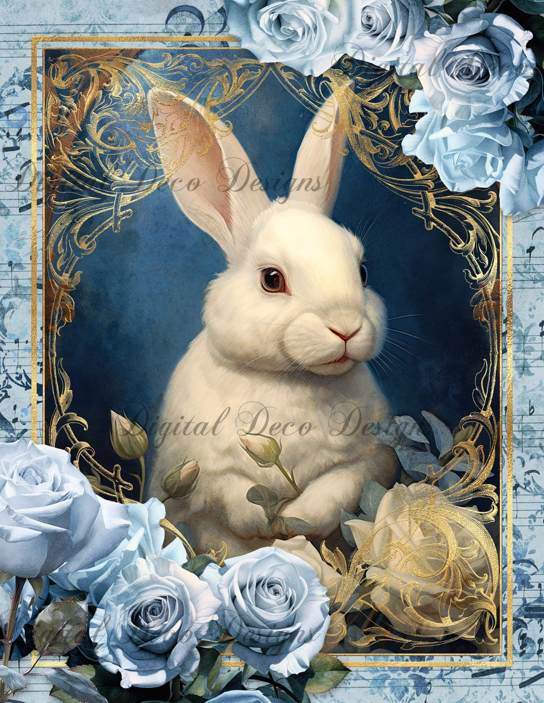Rabbits in Blue 2 (Print Only) (#D063)-Digital Deco Designs