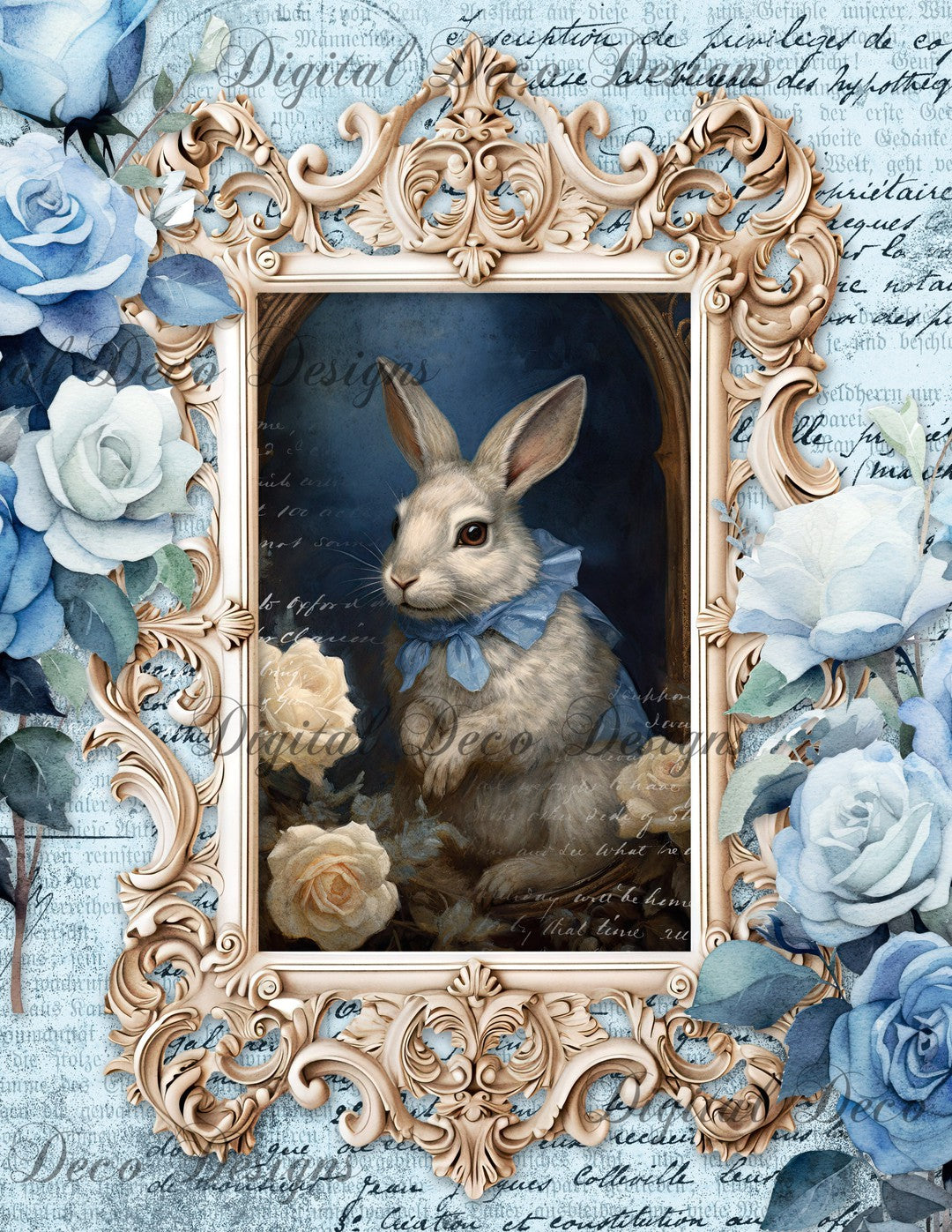 Rabbits in Blue 3 (Print Only) (#D064)-Digital Deco Designs
