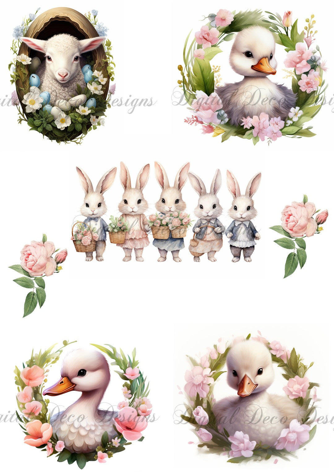 Spring Pink Ducks Fussy Cut Collage Sheet (#E023)-Digital Deco Designs