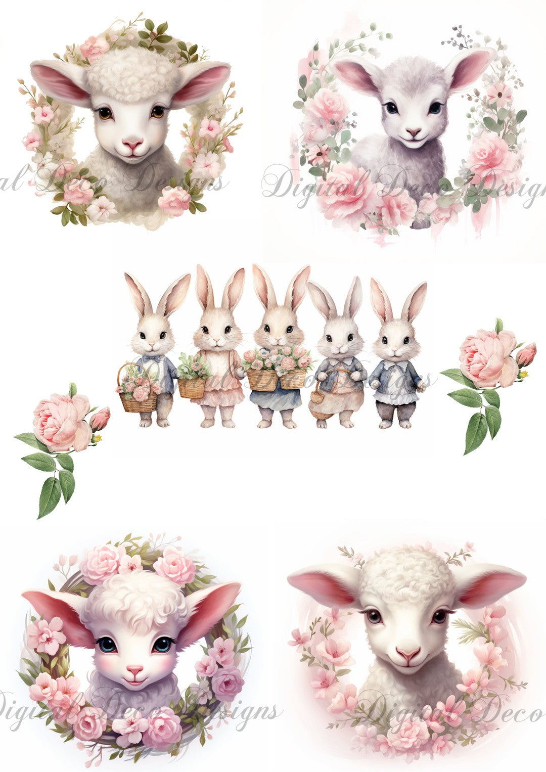 Spring Pink Lambs Fussy Cut Collage Sheet (#E024)-Digital Deco Designs