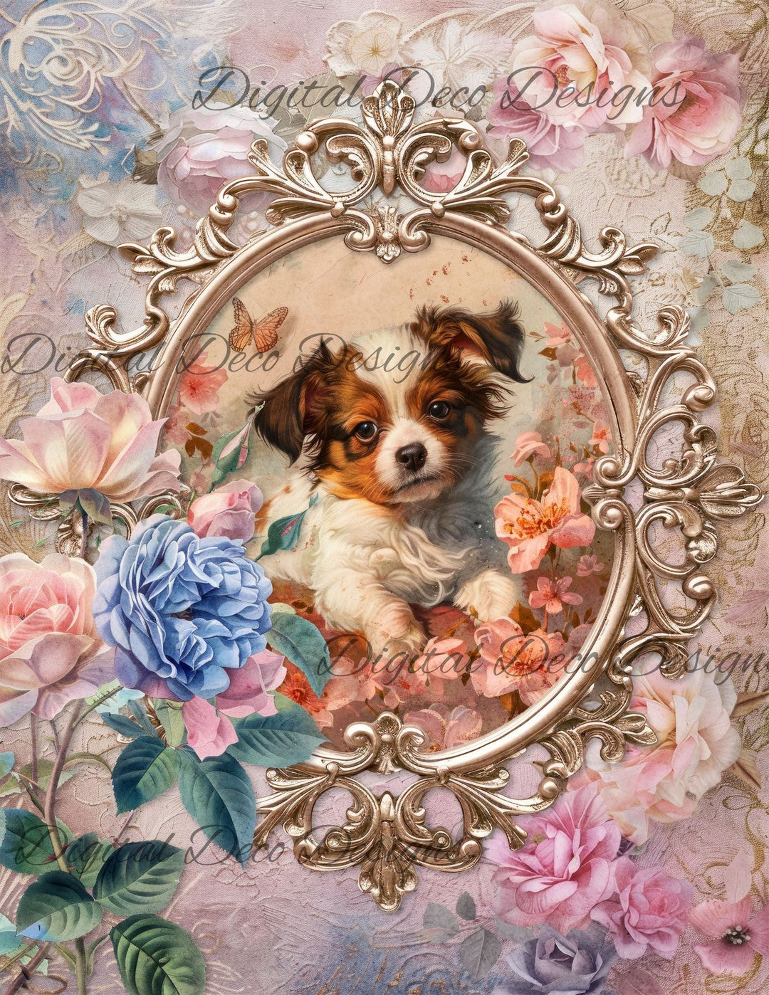 Dreamy Floral Brown and White Lap Dog (Print Only) (#G074)-Digital Deco Designs