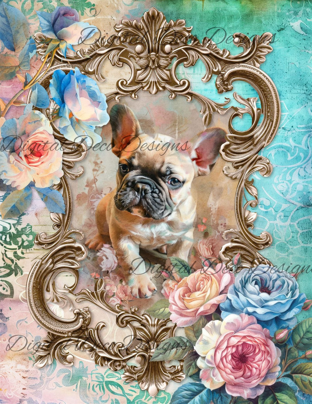 Dreamy Floral French Bull Dog (Print Only) (#G075)-Decoupage Paper