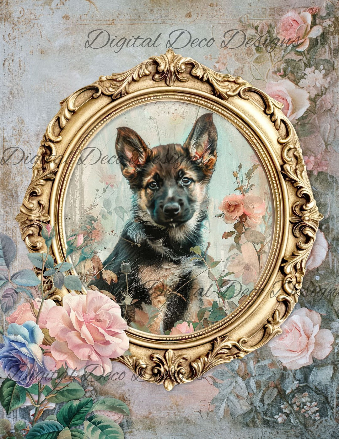 Dreamy Floral German Shepherd (Print Only) (#G077)-Decoupage Paper