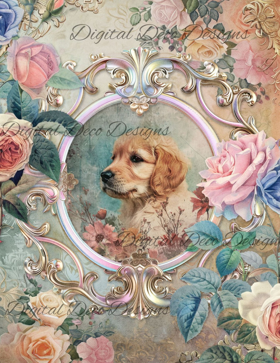 Dreamy Floral Golden Retriever 1 (Print Only) (#G078)-Digital Deco Designs