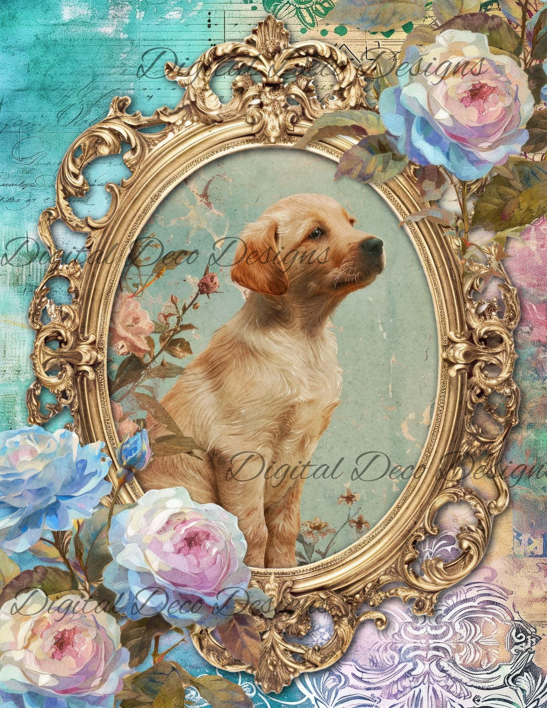 Dreamy Floral Golden Retriever 2 (Print Only) (#G079)-Digital Deco Designs