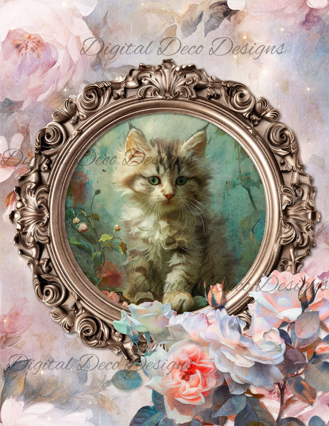 Dreamy Floral Kitten 1 (Print Only) (#G028)-Digital Deco Designs