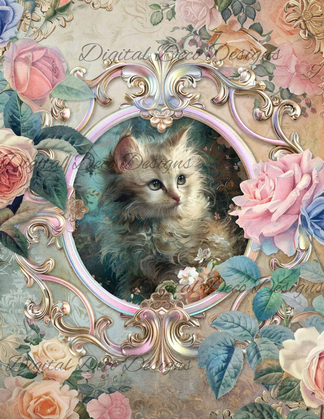 Dreamy Floral Kitten 3 (Print Only) (#G030)-Decoupage Paper