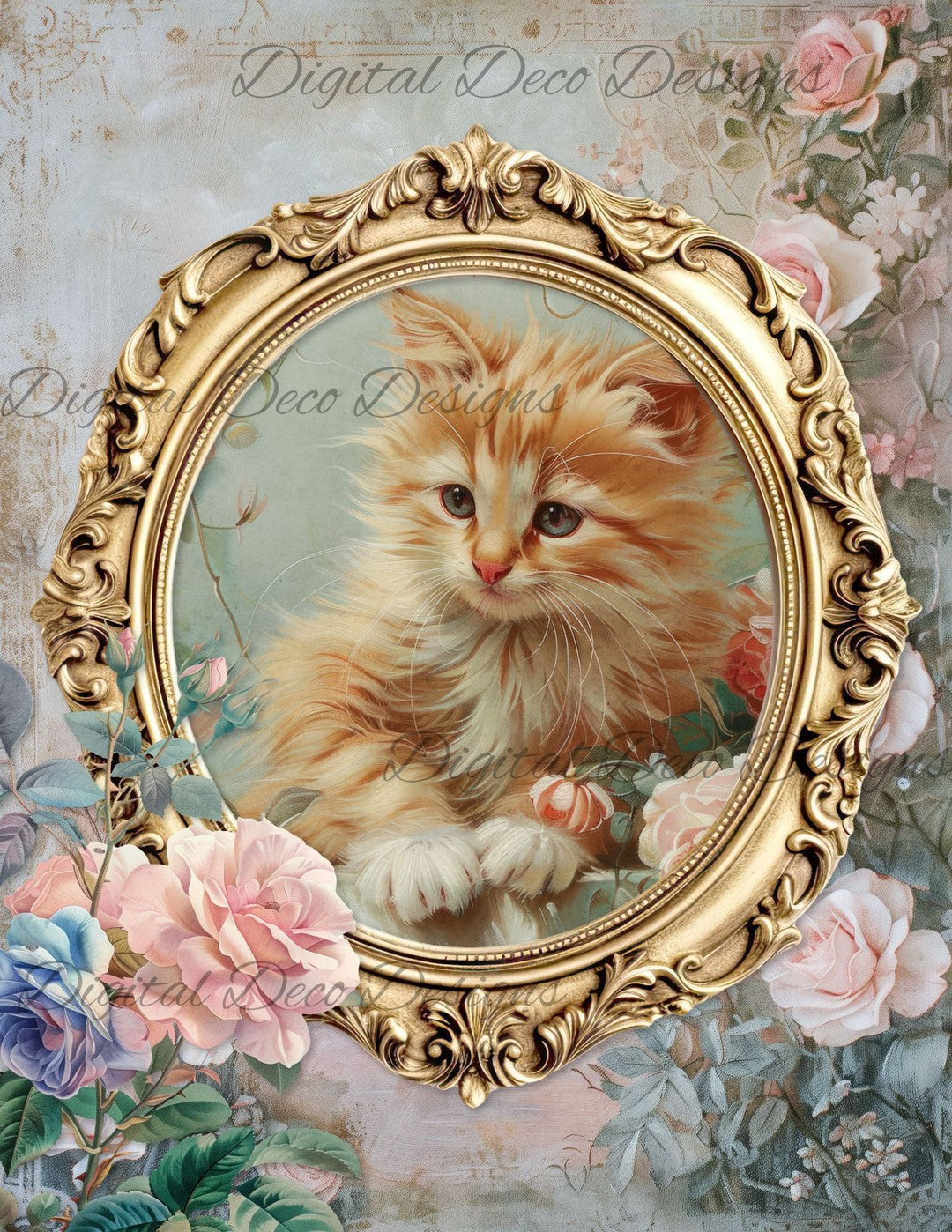 Dreamy Floral Kitten 4 (Print Only) (#G031)-Decoupage Paper