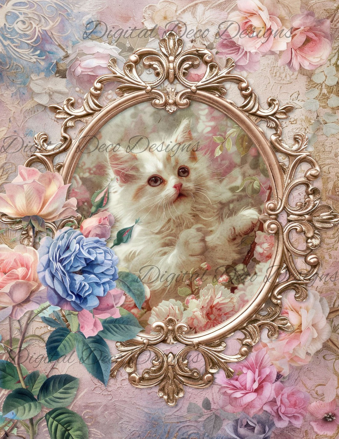 Dreamy Floral Kitten 5 (Print Only) (#G062)-Decoupage Paper