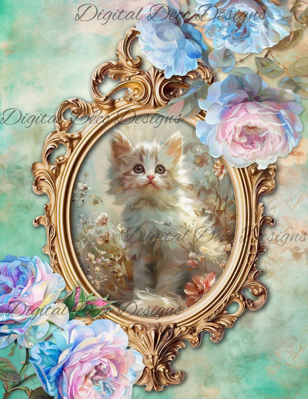 Dreamy Floral Kitten 6 (Print Only) (#G063)-Decoupage Paper