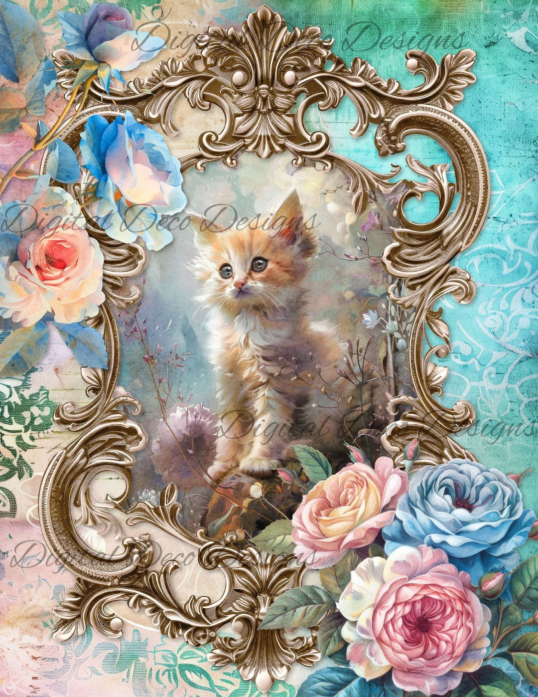 Dreamy Floral Kitten 7 (Print Only) (#G064)-Decoupage Paper