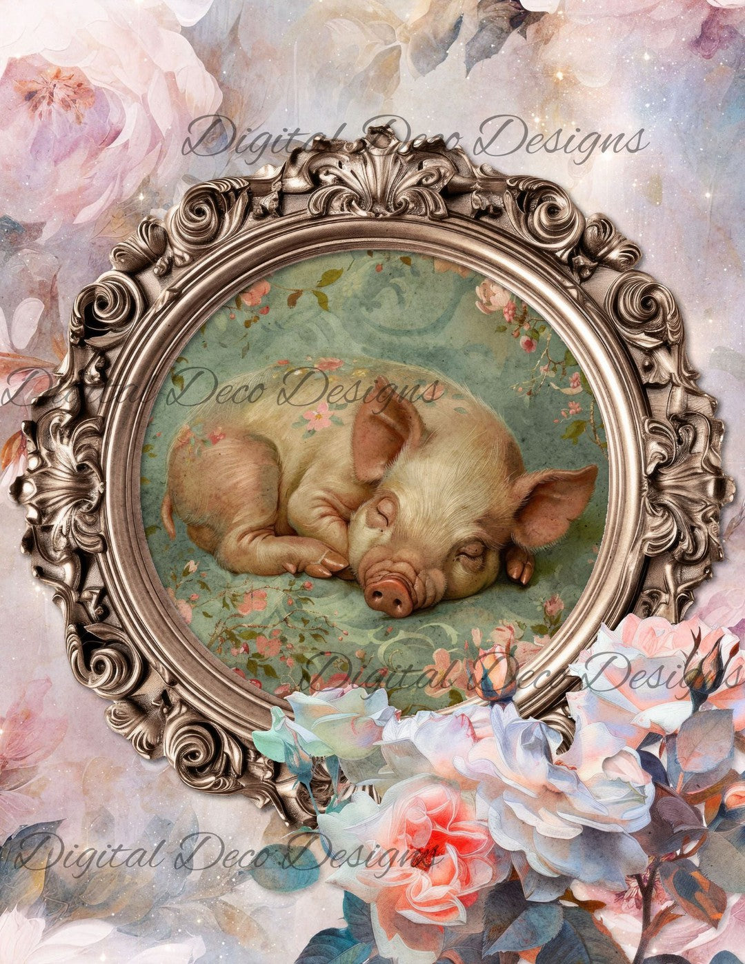 Dreamy Floral Piglet 1 (Print Only) (#G066)-Decoupage Paper