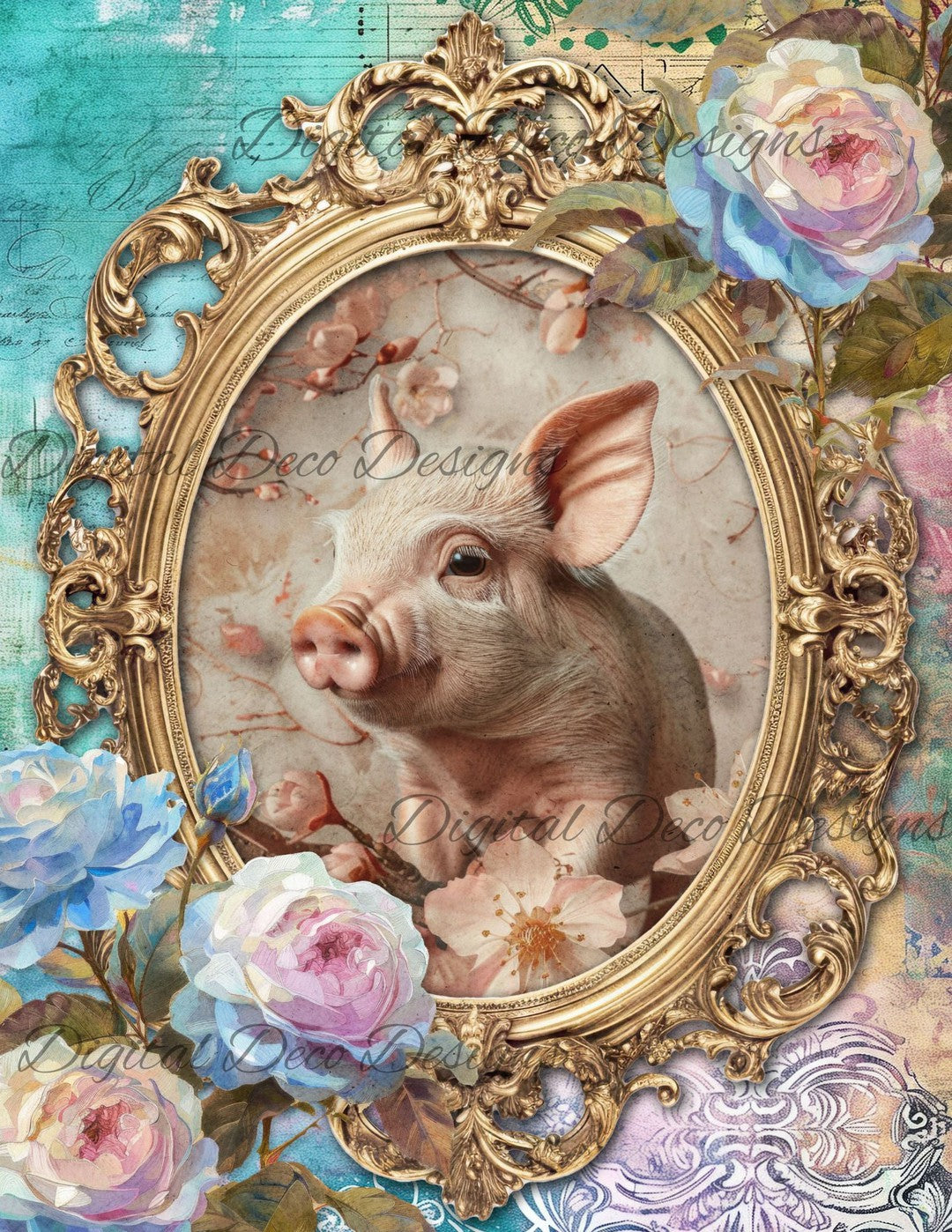 Dreamy Floral Piglet 2 (Print Only) (#G067)-Digital Deco Designs