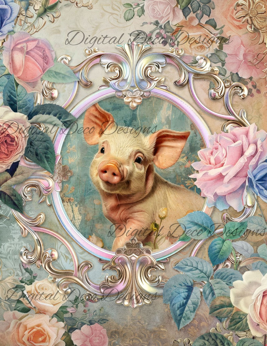 Dreamy Floral Piglet 3 (Print Only) (#G068)-Decoupage Paper