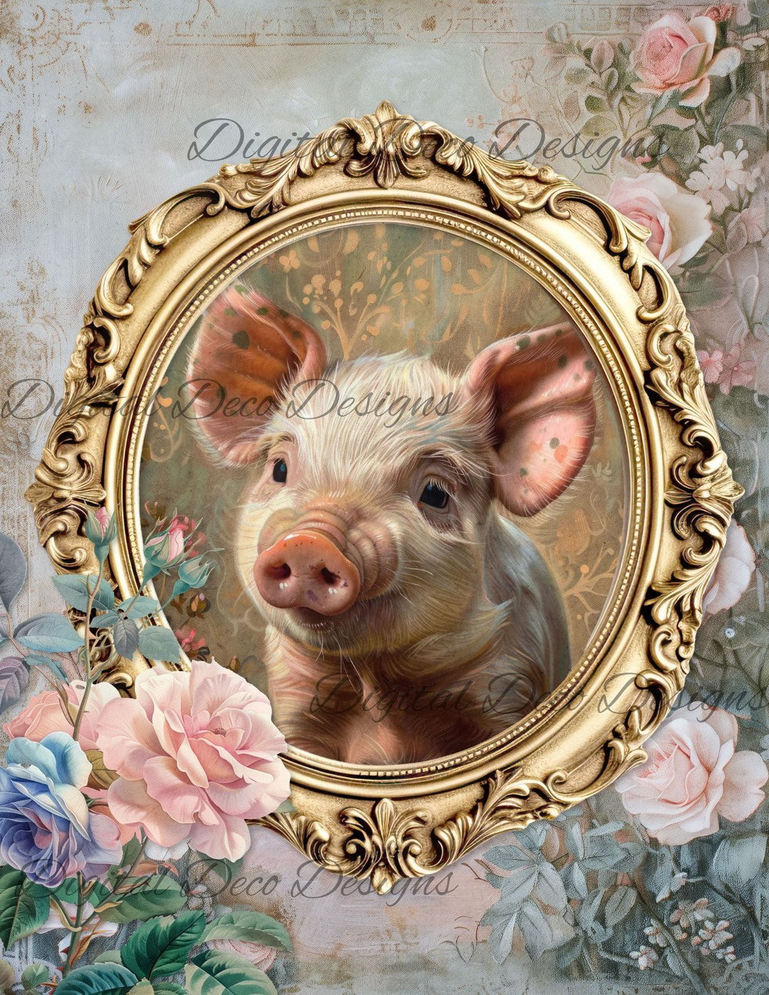 Dreamy Floral Piglet 4 (Print Only) (#G069)-Digital Deco Designs