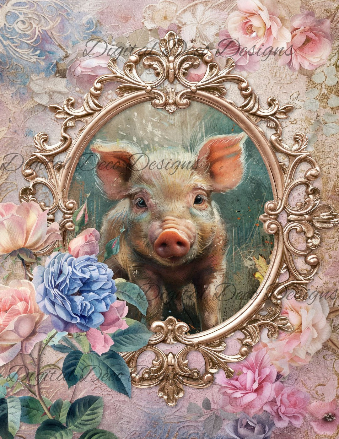 Dreamy Floral Piglet 5 (Print Only) (#G070)-Decoupage Paper