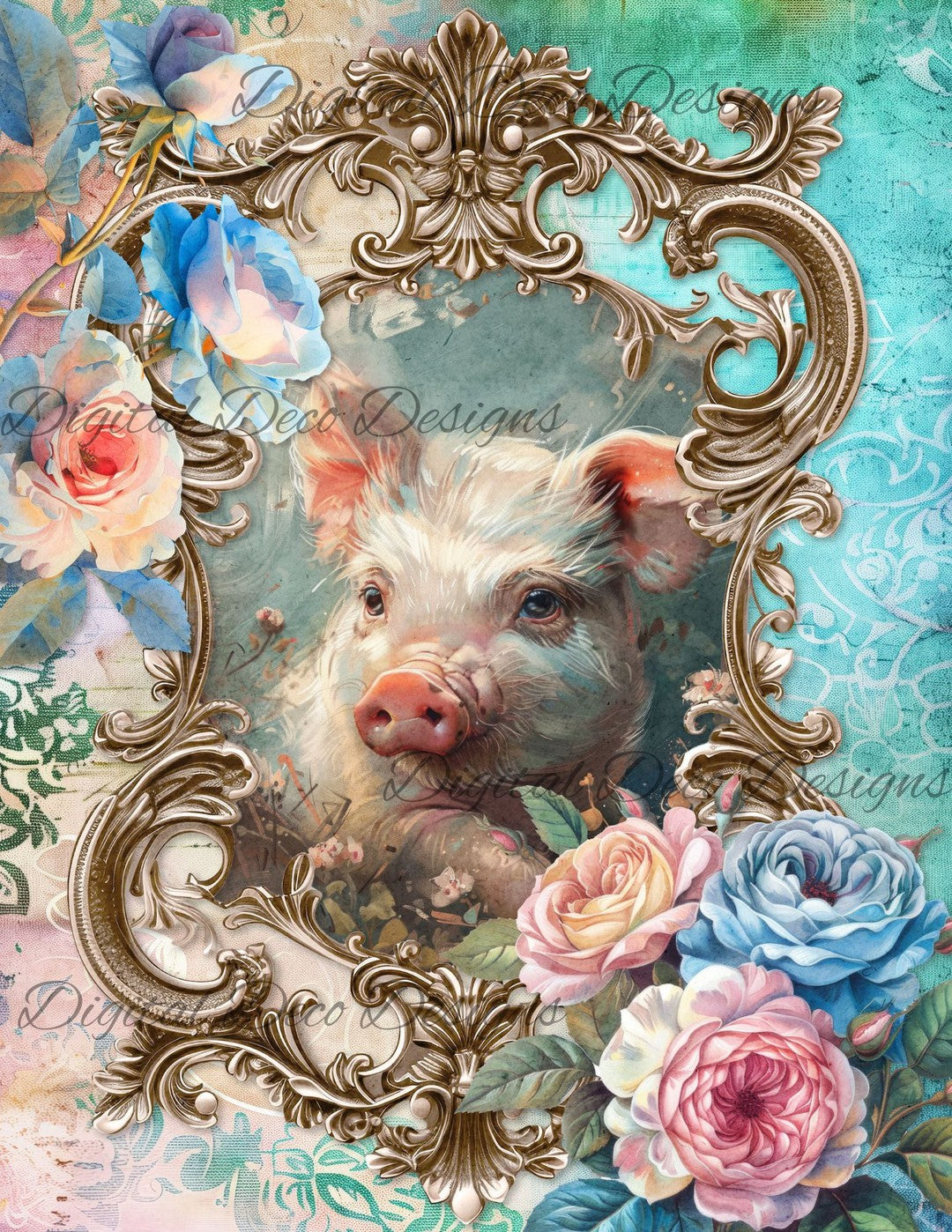 Dreamy Floral Piglet 7 (Print Only) (#G072)-Digital Deco Designs