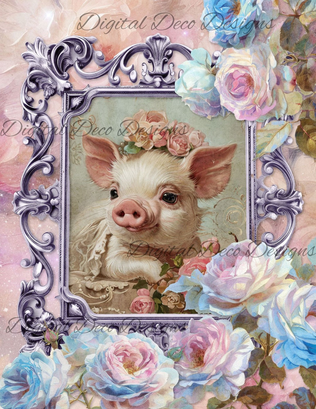 Dreamy Floral Piglet 8 (Print Only) (#G073)-Digital Deco Designs