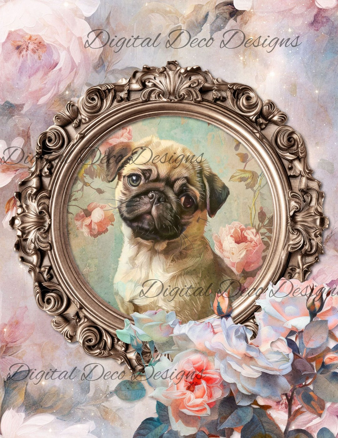 Dreamy Floral Pug (Print Only) (#G080)-Decoupage Paper