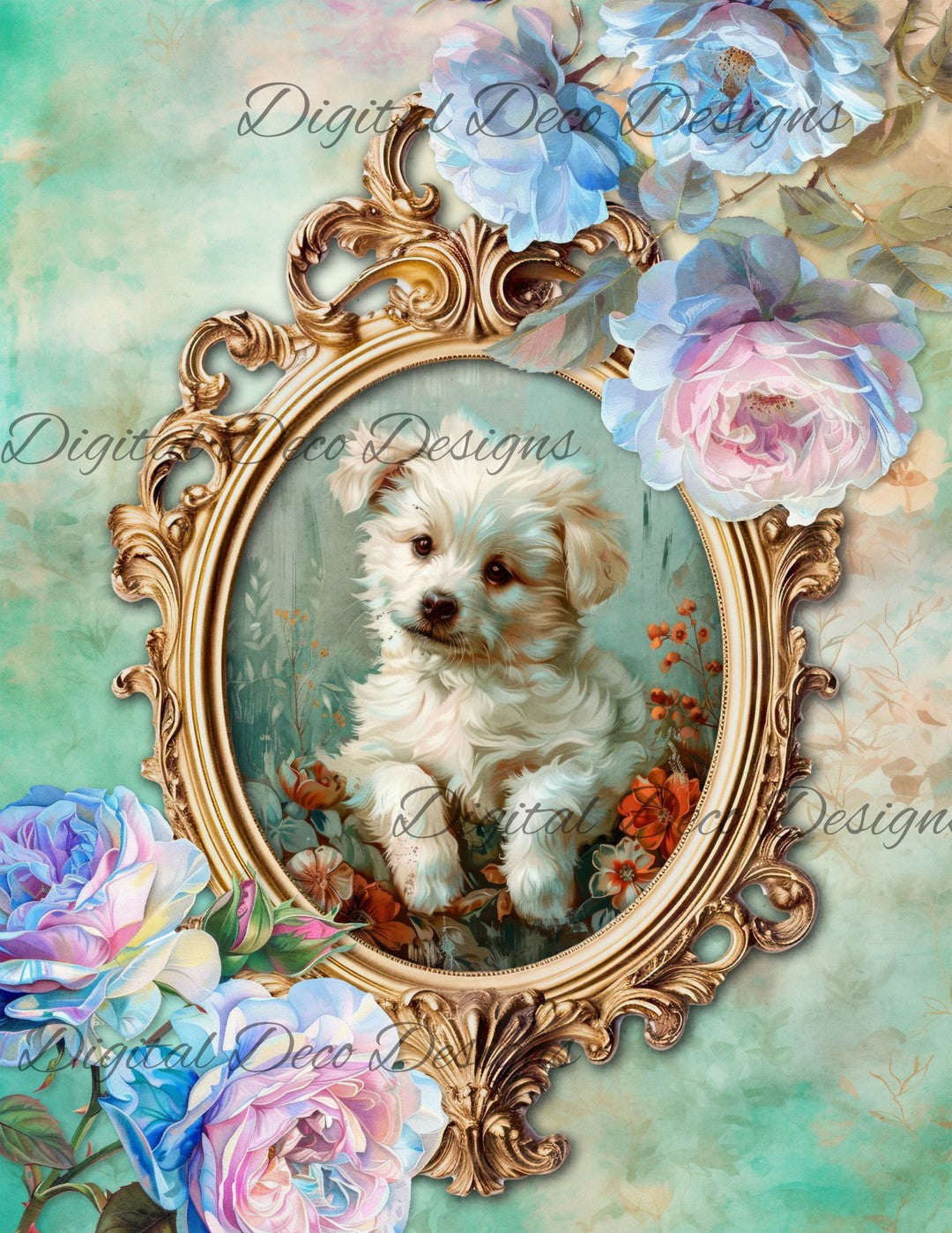 Dreamy Floral White Lap Dog (Print Only) (#G081)-Digital Deco Designs