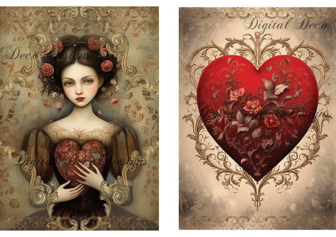 Lost Love Victorian Heart And Woman Combo Duo Sheet (#C044)-Digital Deco Designs