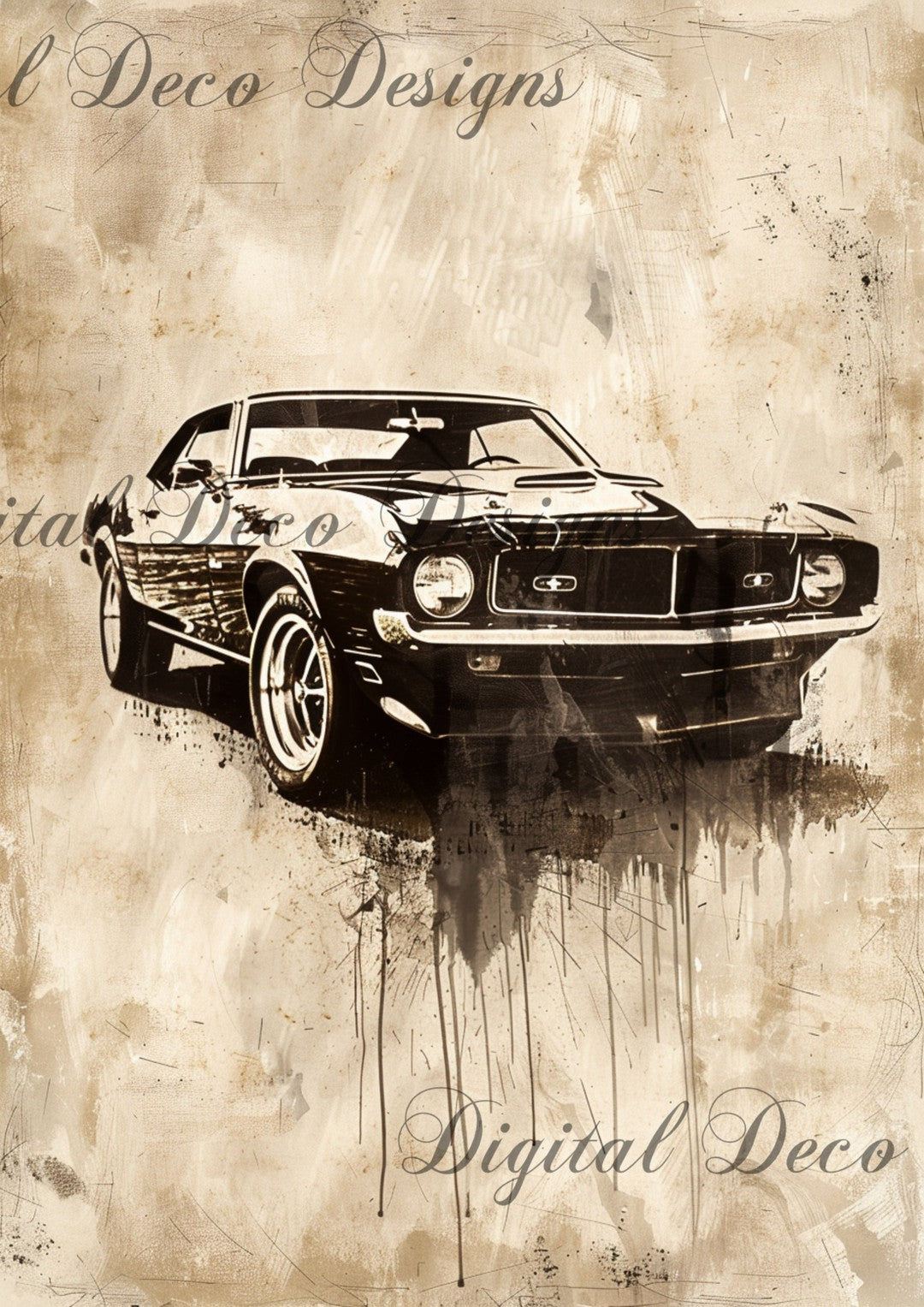 Vintage Muscle Car Drawing (#F089)-Digital Deco Designs
