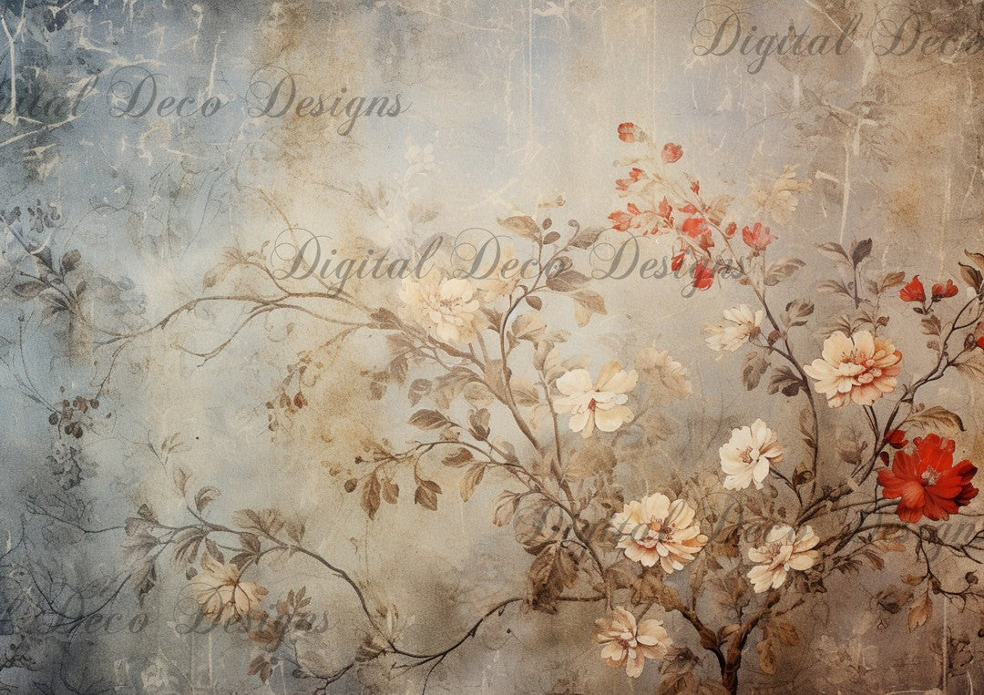 Vintage Red and Blue Floral Wallpaper Background (#E093)-Digital Deco Designs