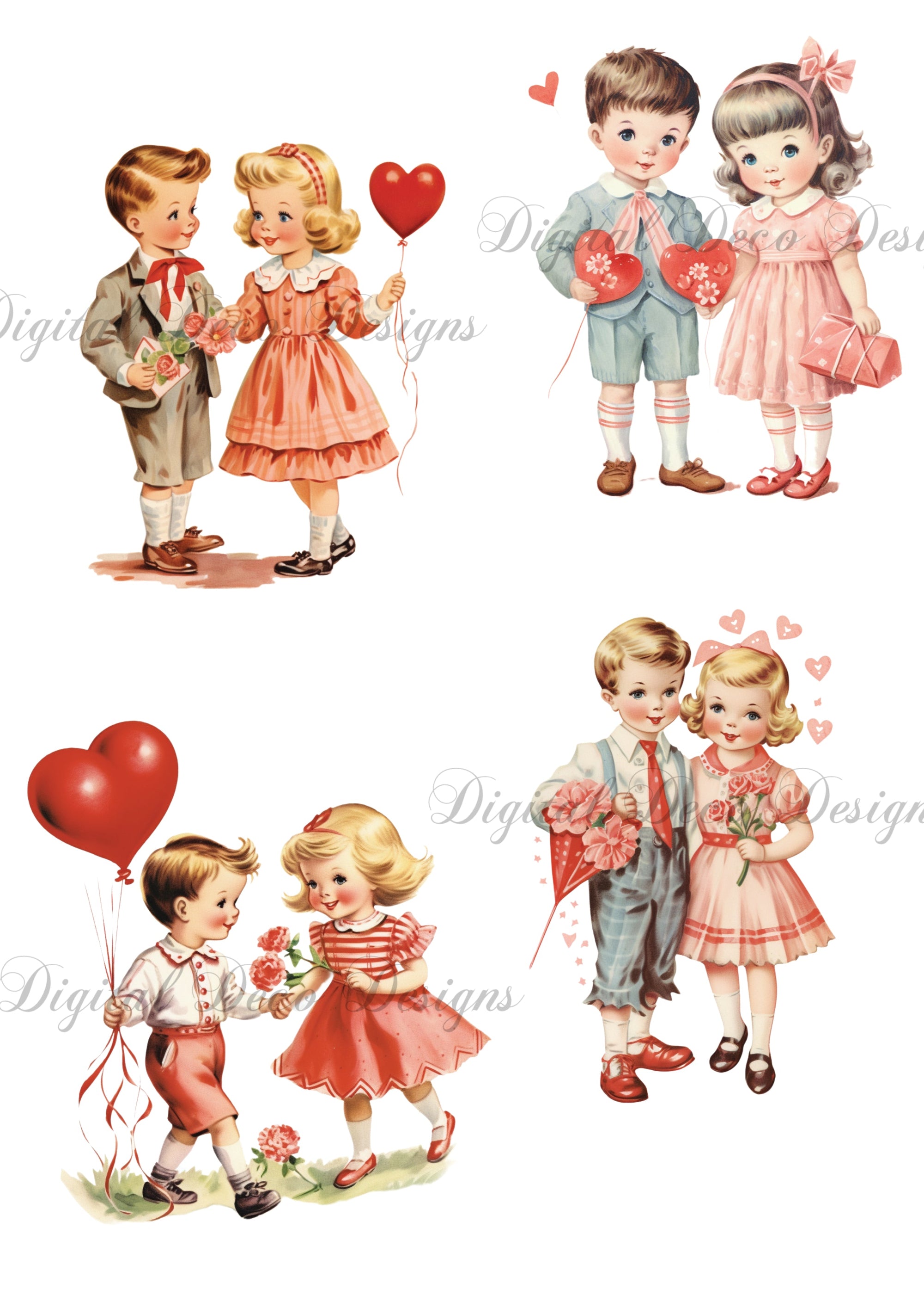 Vintage Valentine Boys and Girls Collage Sheet Fussy Cut Minis (Membership Download) (#E096)