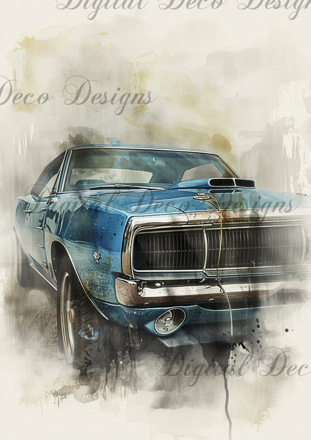 Vintage Watercolor Muscle Car Blue (#F095)-Digital Deco Designs