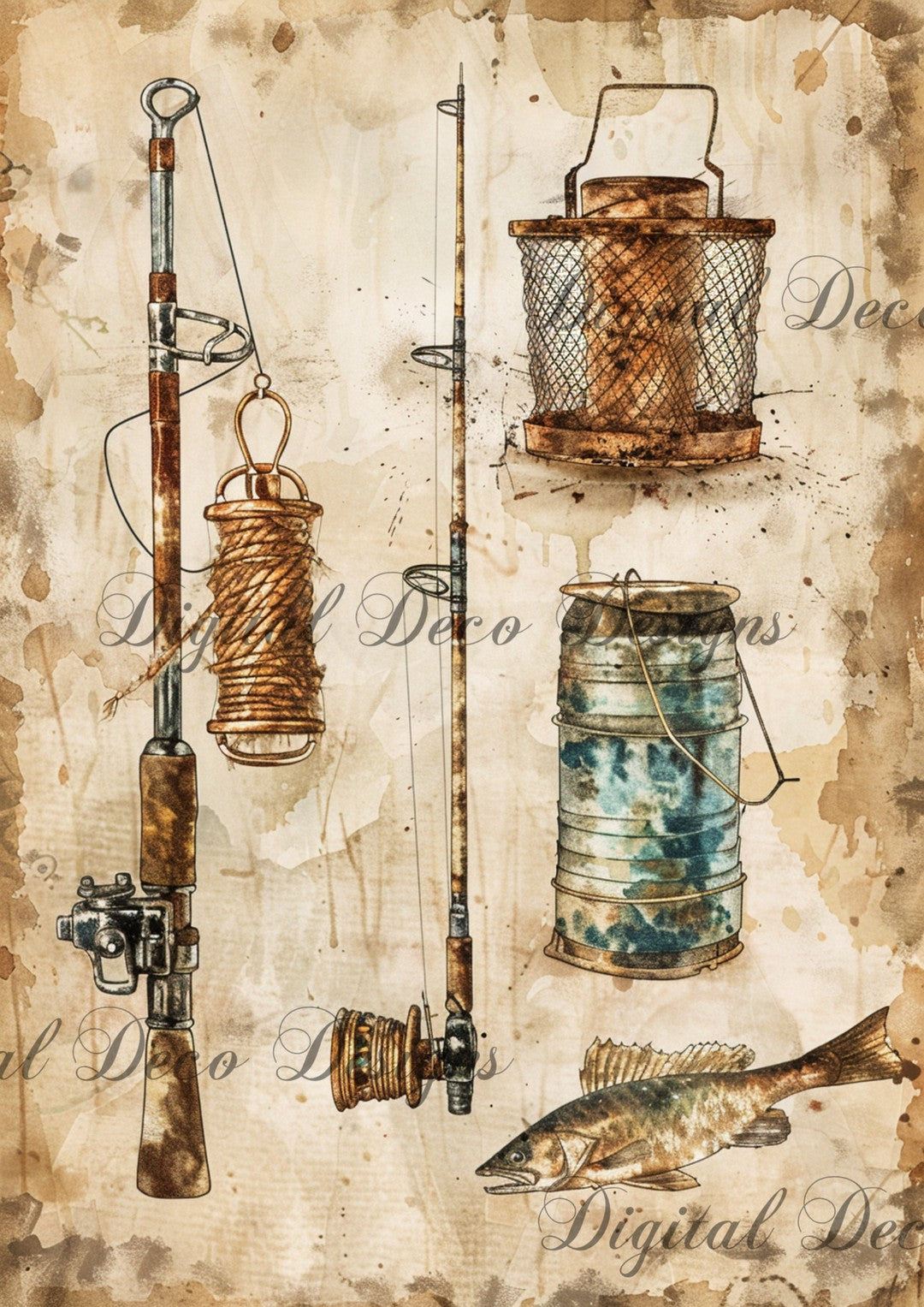 Vintage Watercolor Fishing Supplies 1 (#F092)-Digital Deco Designs