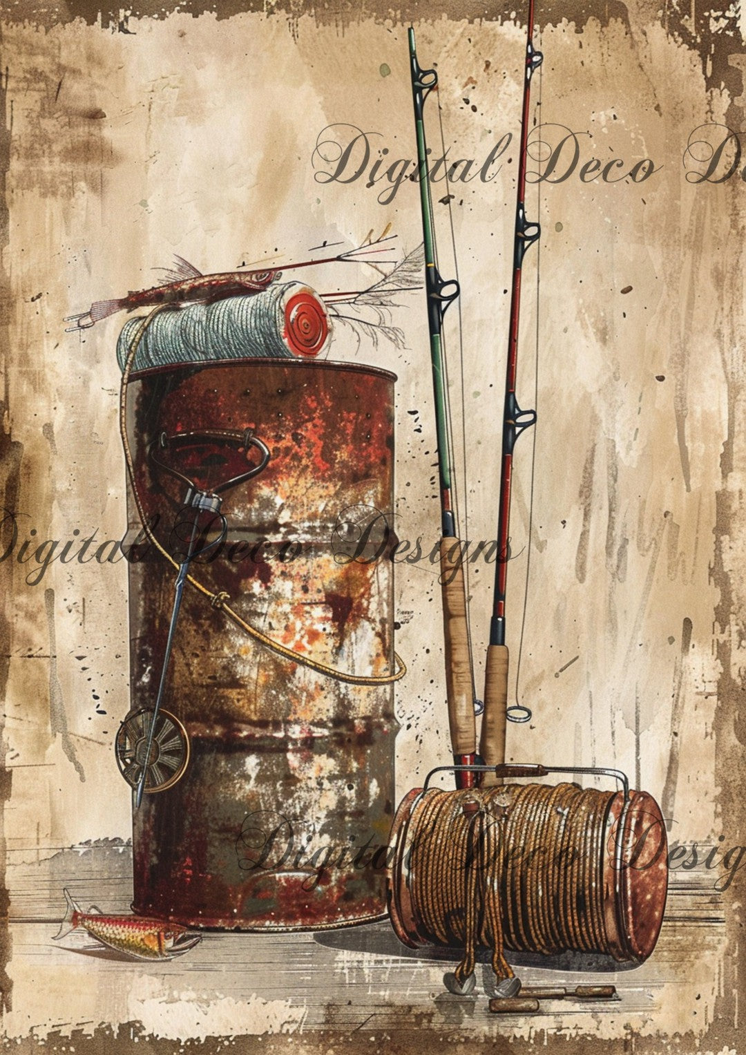 Vintage Watercolor Fishing Supplies 2 (#F093)-Digital Deco Designs