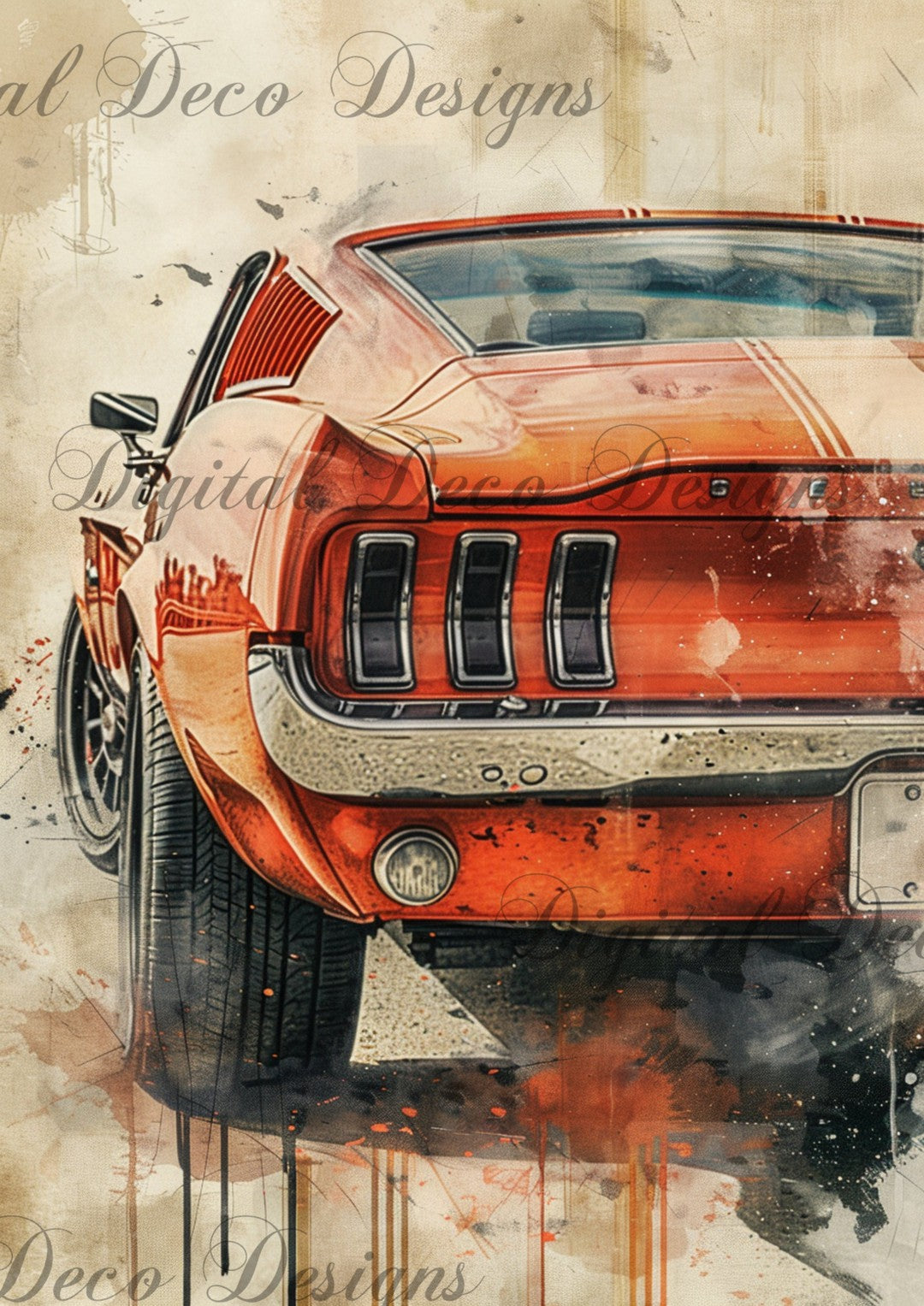 Watercolor Muscle Car Orange (#F099)-Digital Deco Designs