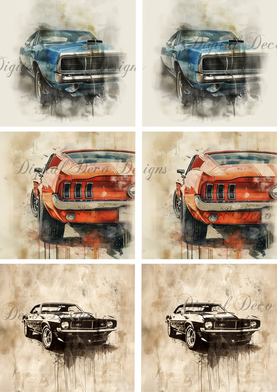 Vintage Watercolor Muscle Car Square Collage (#F096)-Digital Deco Designs