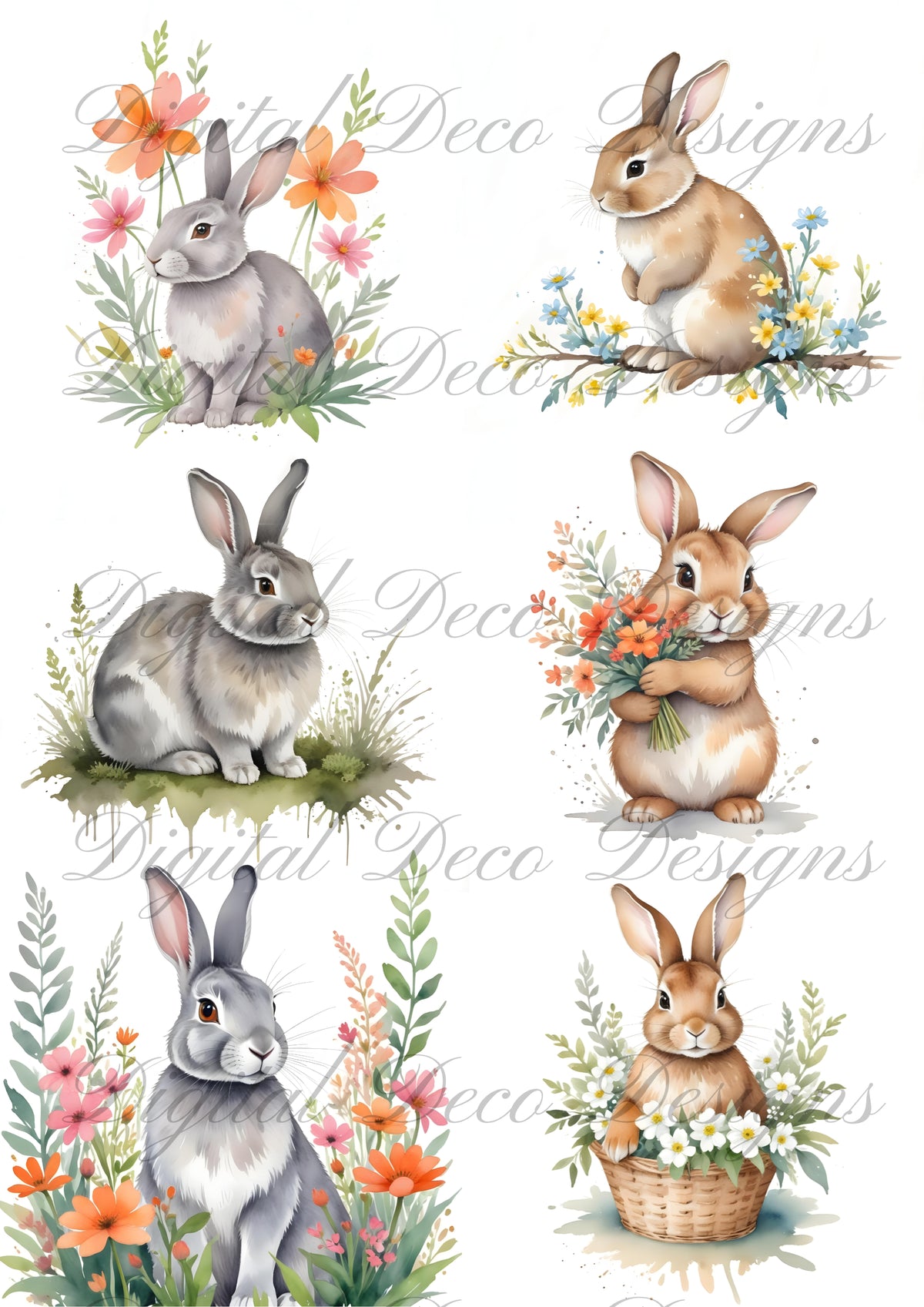 Gray and Brown Spring Bunny Collage N017-Digital Deco Designs