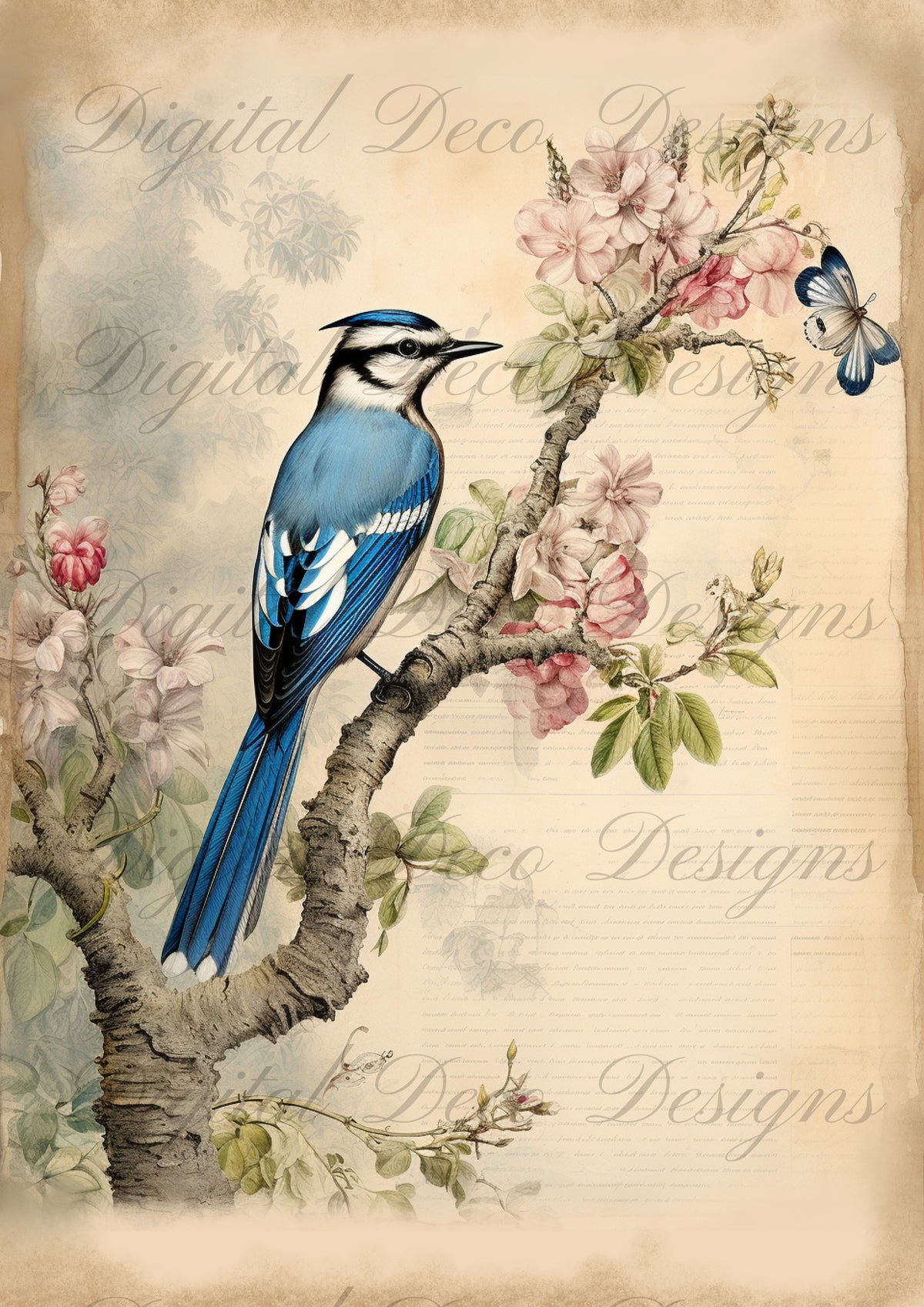 Spring Junk Journal Blue Bird M097-Digital Deco Designs