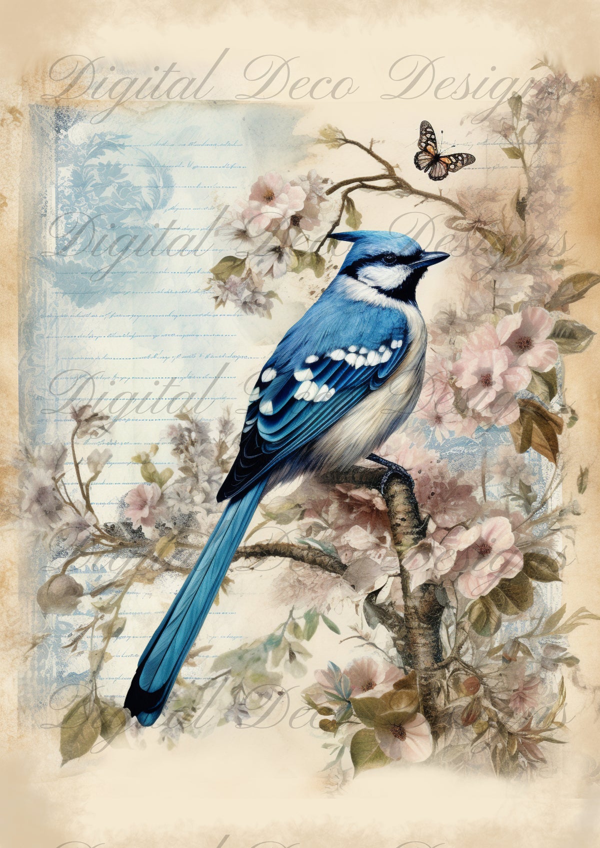Spring Junk Journal Blue Bird M098-Digital Deco Designs
