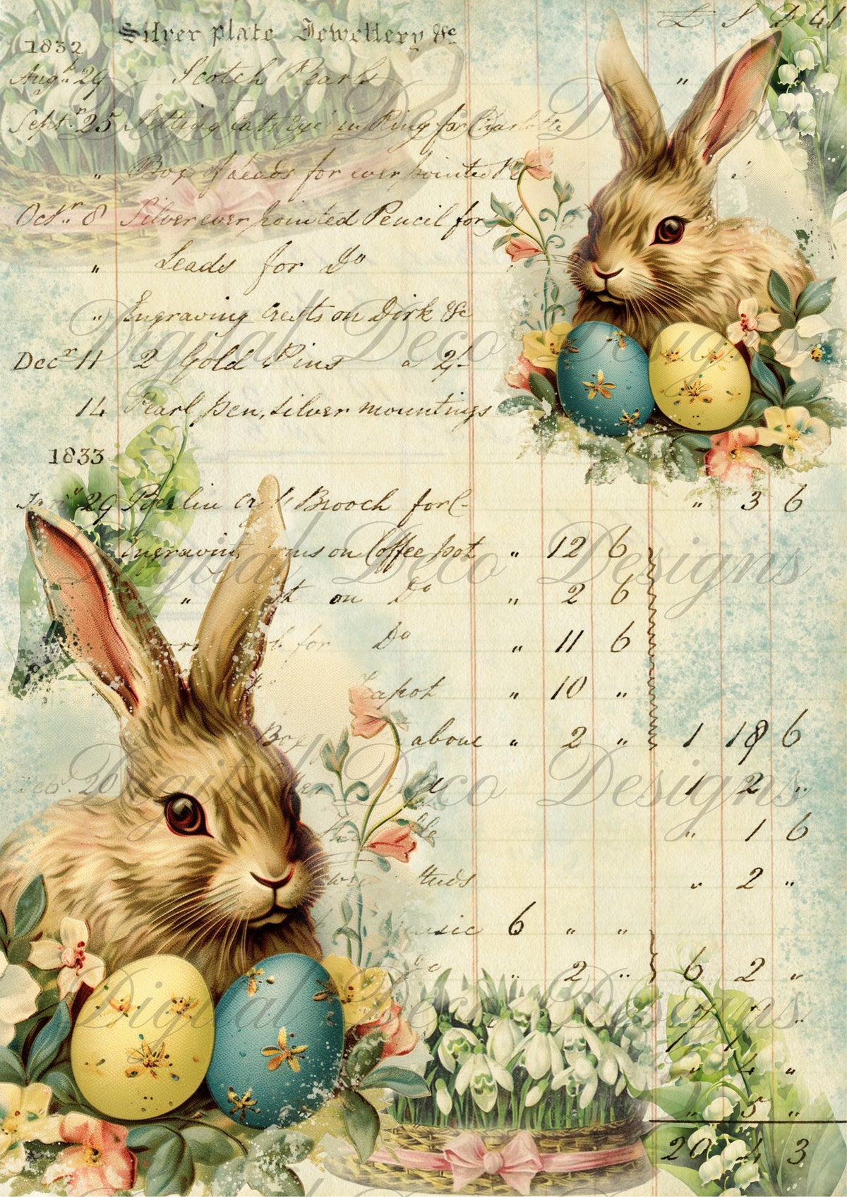 Vintage Easter Bunny and Eggs N004-Digital Deco Designs
