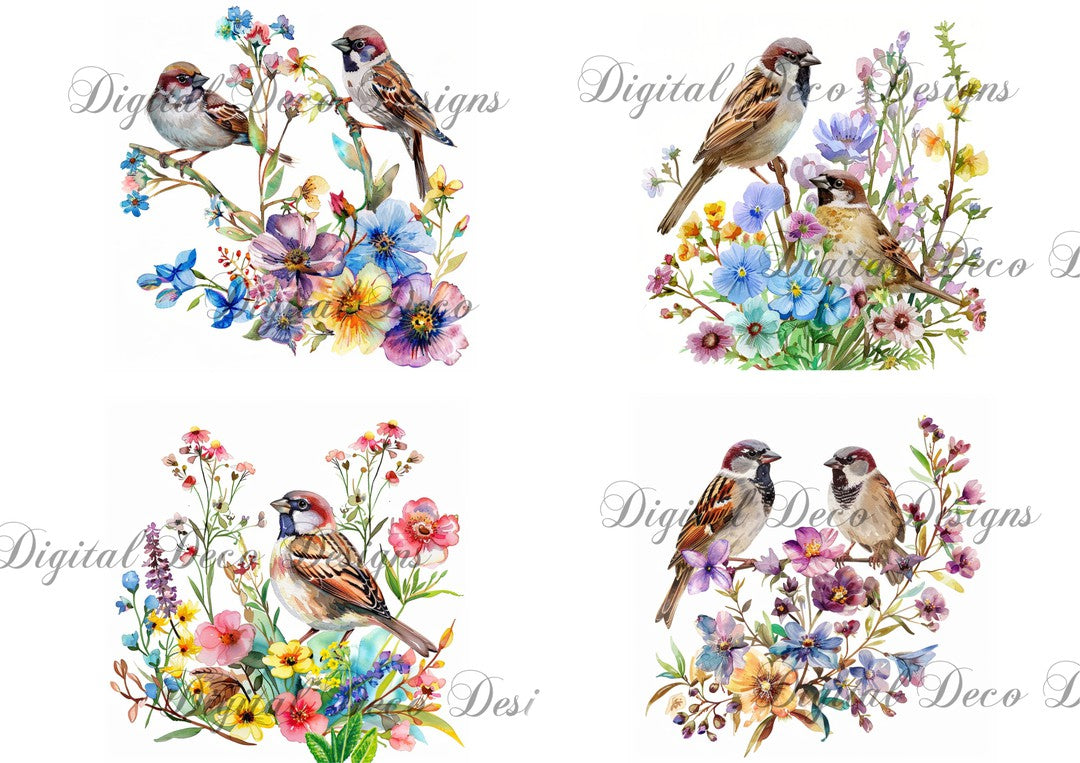 Wildflower Sparrows Collage Sheet (#G027)-Decoupage Paper