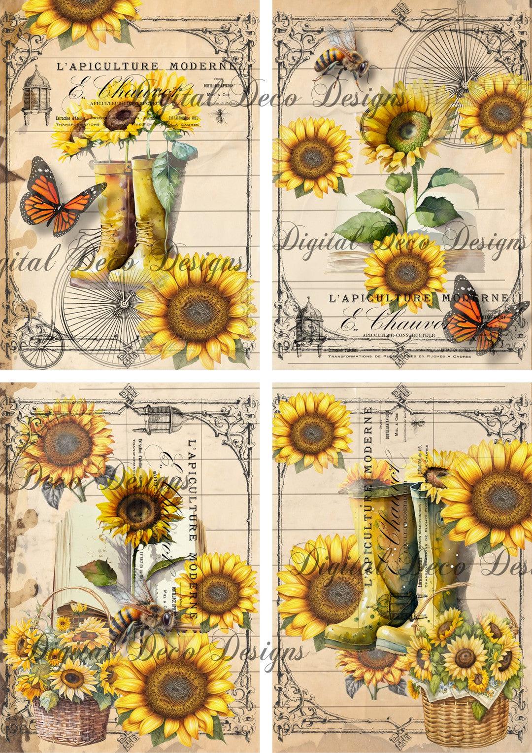 Sunflower Collage Sheet (#F022) - Digital Deco Designs sunflower-collage-sheet-f022-digital-deco-designs
