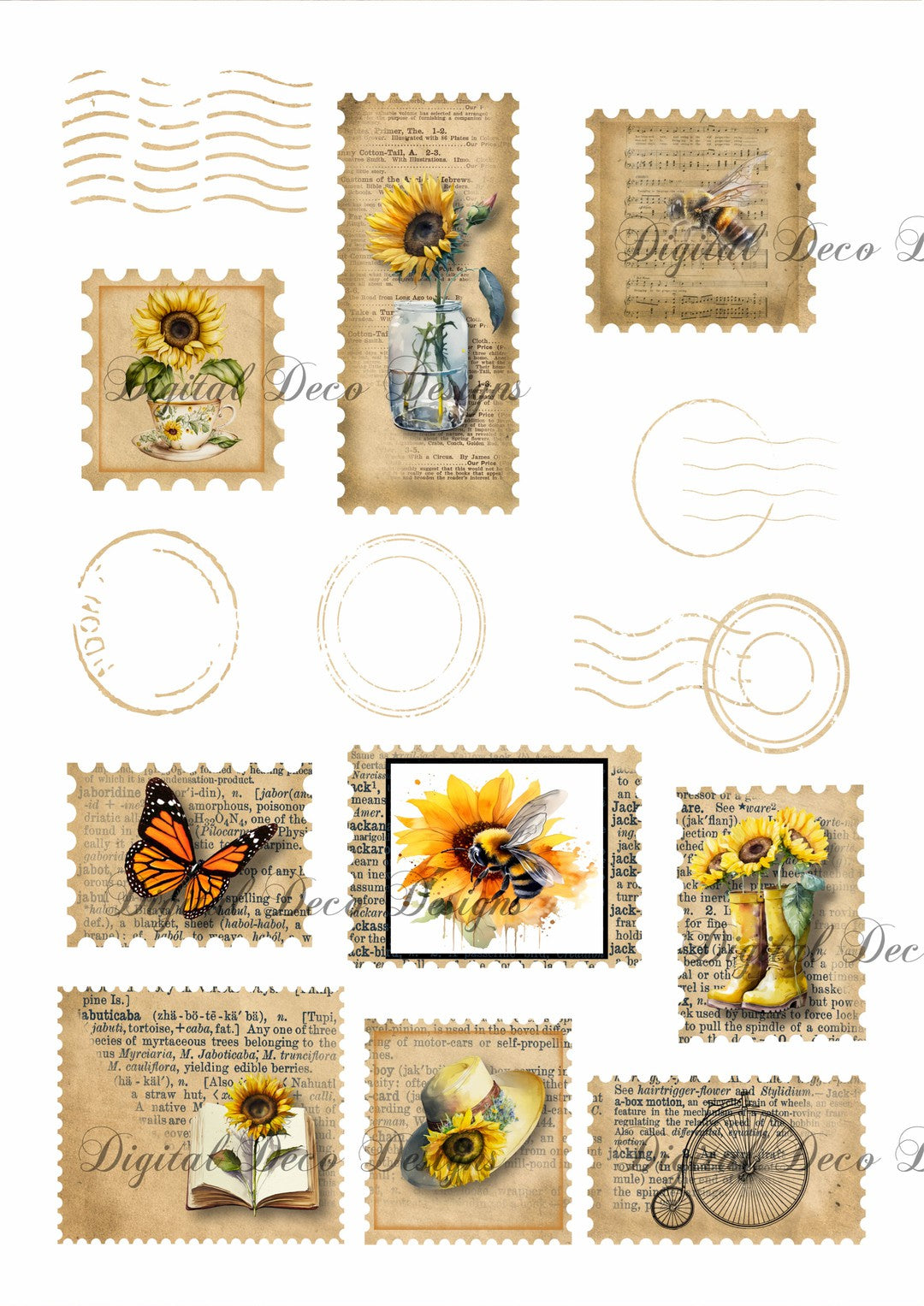 Sunflower Stamps Collage Sheet (#F024)-Digital Deco Designs