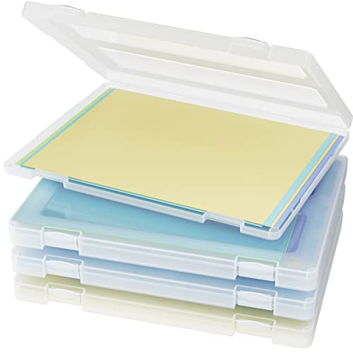 Denkee 4 Pack A4 File Portable Project Case, Plastic Storage Box for 8.5" x 11" Letter Paper, Scrapbook Paper Storage Boxes Documents Magazines Holder (Inner Size 12.2 x 8.9 x 0.7 in)