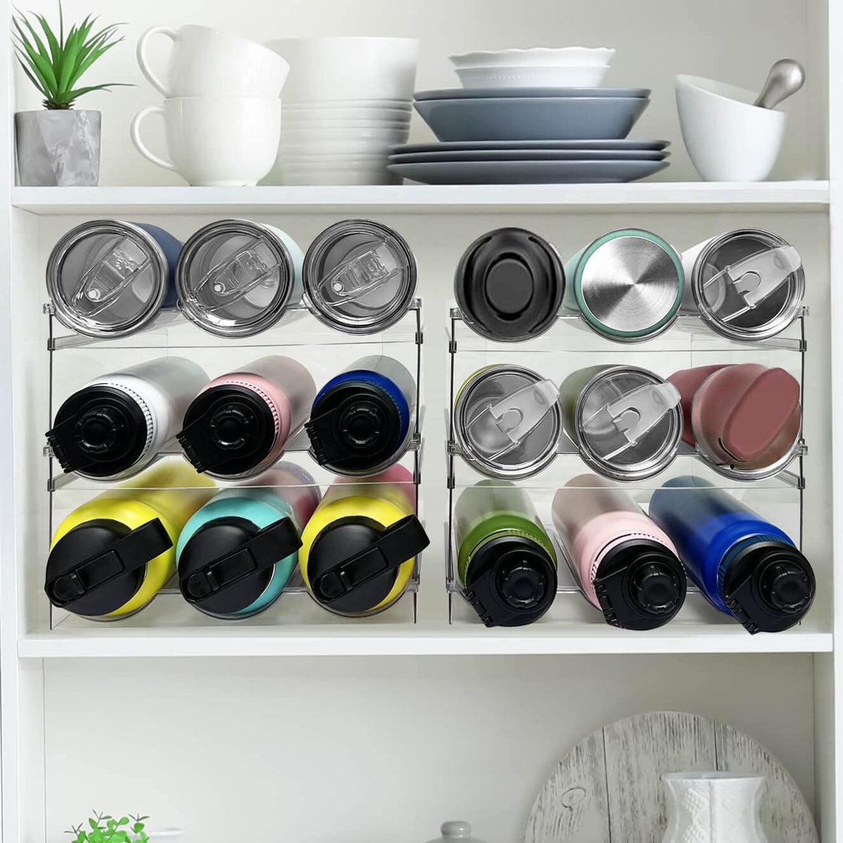 Spaclear 3 Pack Water Bottle Organizer, Stackable Kitchen Home Organization and Storage Rack, Plastic Tumbler Holder for Kitchen Cabinet Cupboard Fridge Organizer and Storage, Wine Mug Cup Organizer-Decoupage Paper