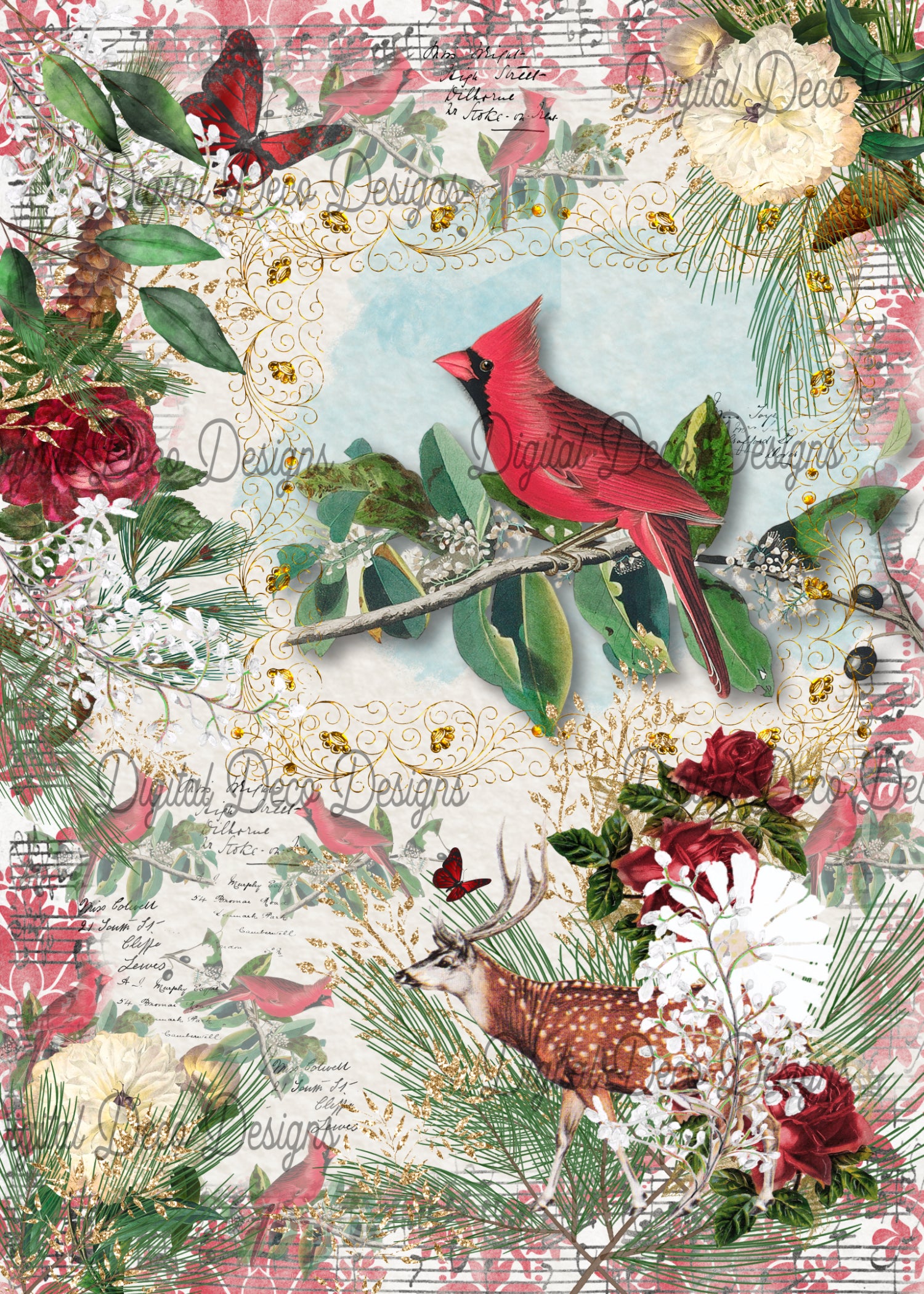 Roses and cardinals print by Editors Choice