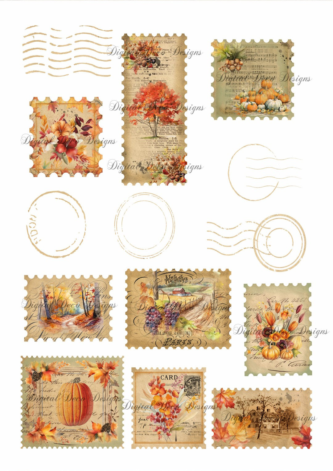 Fall Stamps Collage Sheet (Prints Perks) (#B041)-Decoupage Paper
