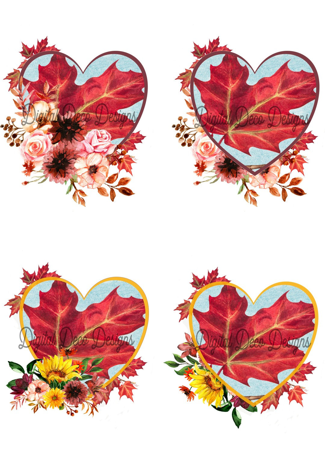 Fall Whimsy Heart Leaf Collage Sheet (#B043)-Decoupage Paper