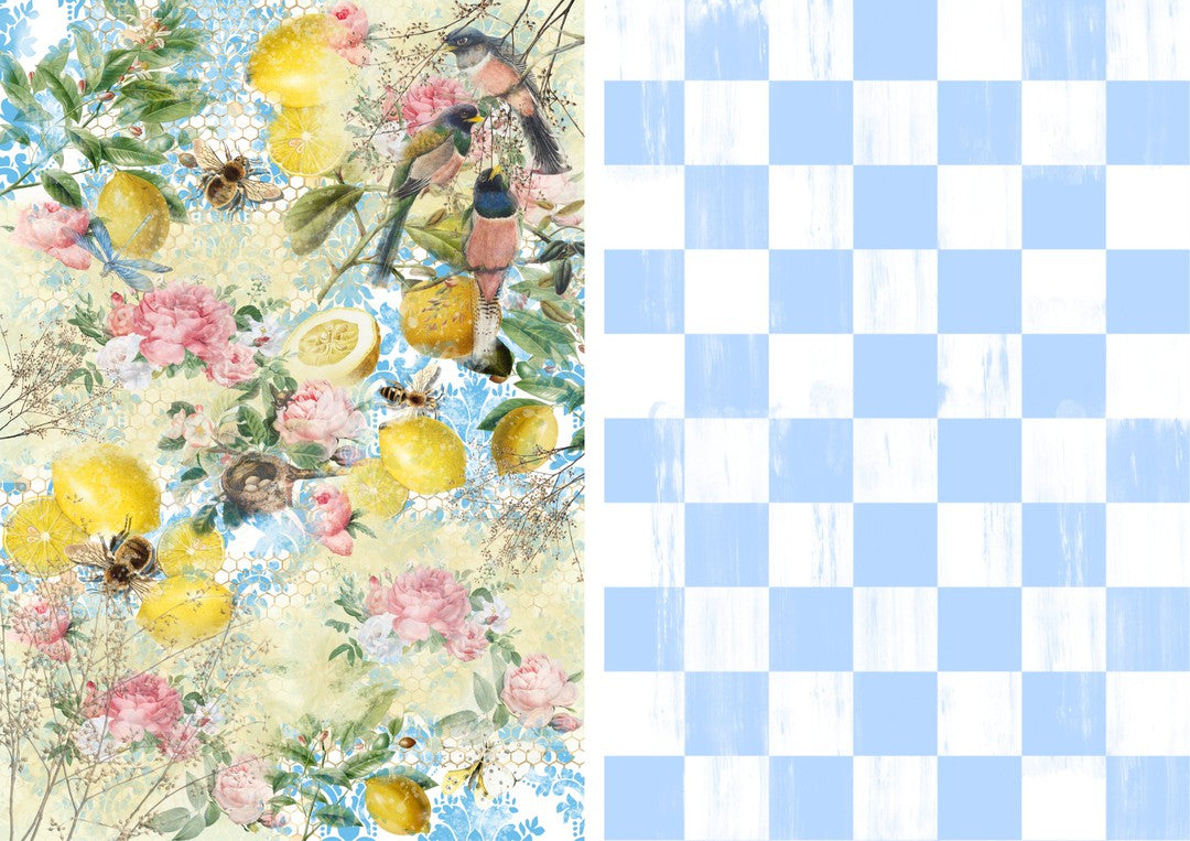 Lemon Woods and Blue Checks Combo Sheet (#C033)-Decoupage Paper