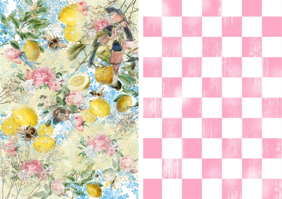 Lemon Woods and Pink Checks Combo Sheet (#C035)-Decoupage Paper