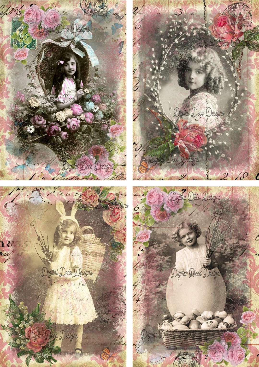 Old Time Easter Photos 4 Collage Sheet (#C092)-Decoupage Paper